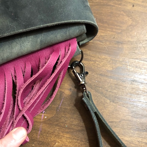 Hand made, grey and hot pink wristlet